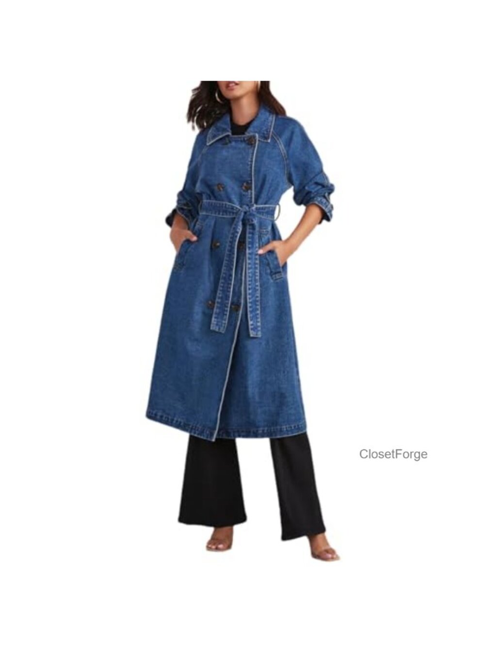 Women's Double Breasted Denim Trench Coat Over Knee Lapel Jean Jacket